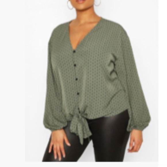 Plus Diamond Print Tie Front Blouse - Picture 1 of 1